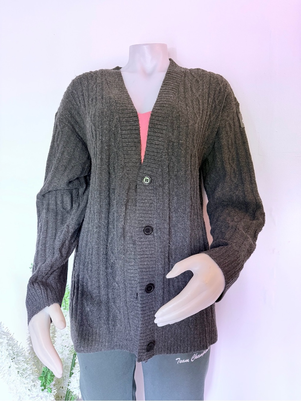 ALO Yoga Cable Knit Winter Bliss Cardigan Heather Grey Size S Oversized